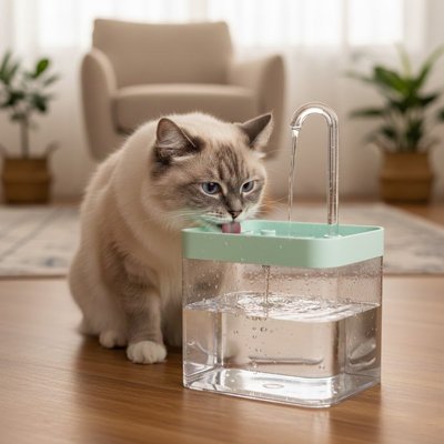 Chat en train de s’hydrater à la fontaine chat  