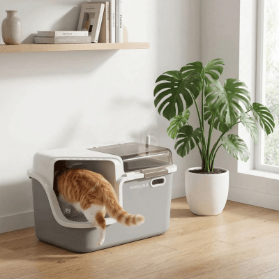 chat entrant dans le bac a litiere chat 