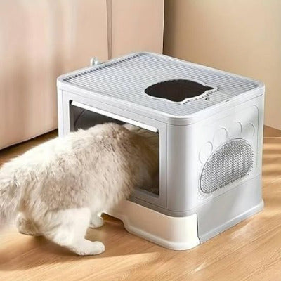 Le chat entre lentement dans le bac pour litière chat