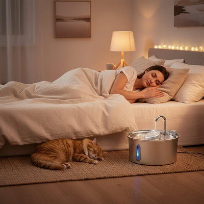 femme et son chat dorment à côté de la fontaine a eau chat inox