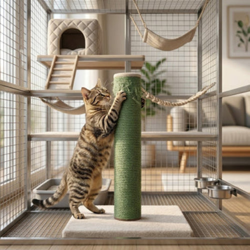 chat s'étire sur le poteau griffoir pour chat