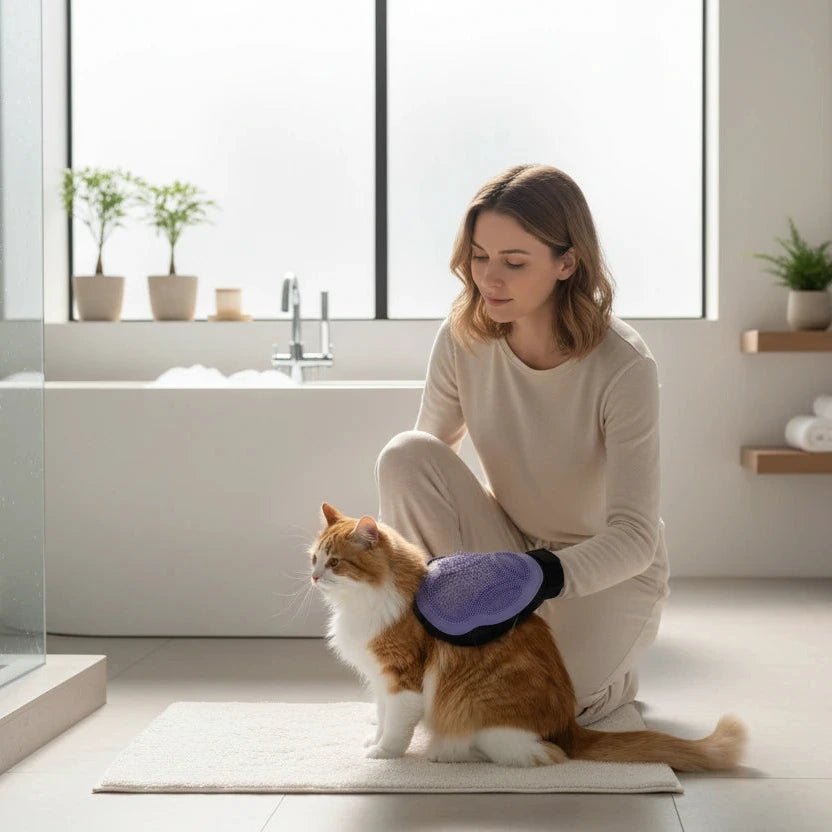 chat fait brosser avec un gant poil chat dans la salle de bain