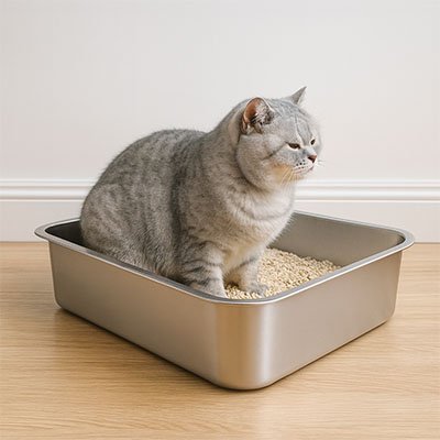 Le chat est en train de faire ses besoins dans le bac pour litière chat