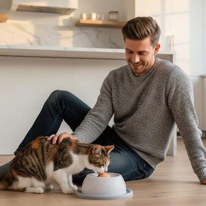 chat goûtant pâté dans la gamelle anti-glouton chat