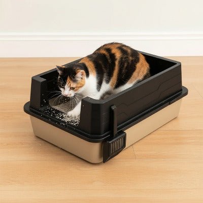 Le chat gratte la litière avec ses pattes dans le bac à litière pour Chat