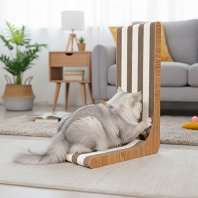 chat gris allongé sur le Griffoir chat