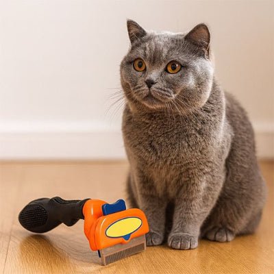 Chat assis à côté d’une brosse pour chat