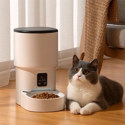 chat gris blanc repose a cote distributeur de croquettes pour chat