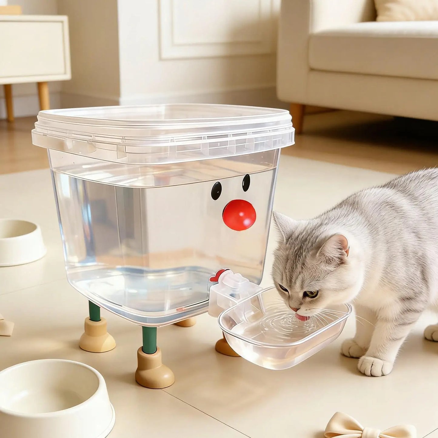 chat gris buvant de l'eau dans le distributeur eau pour chat