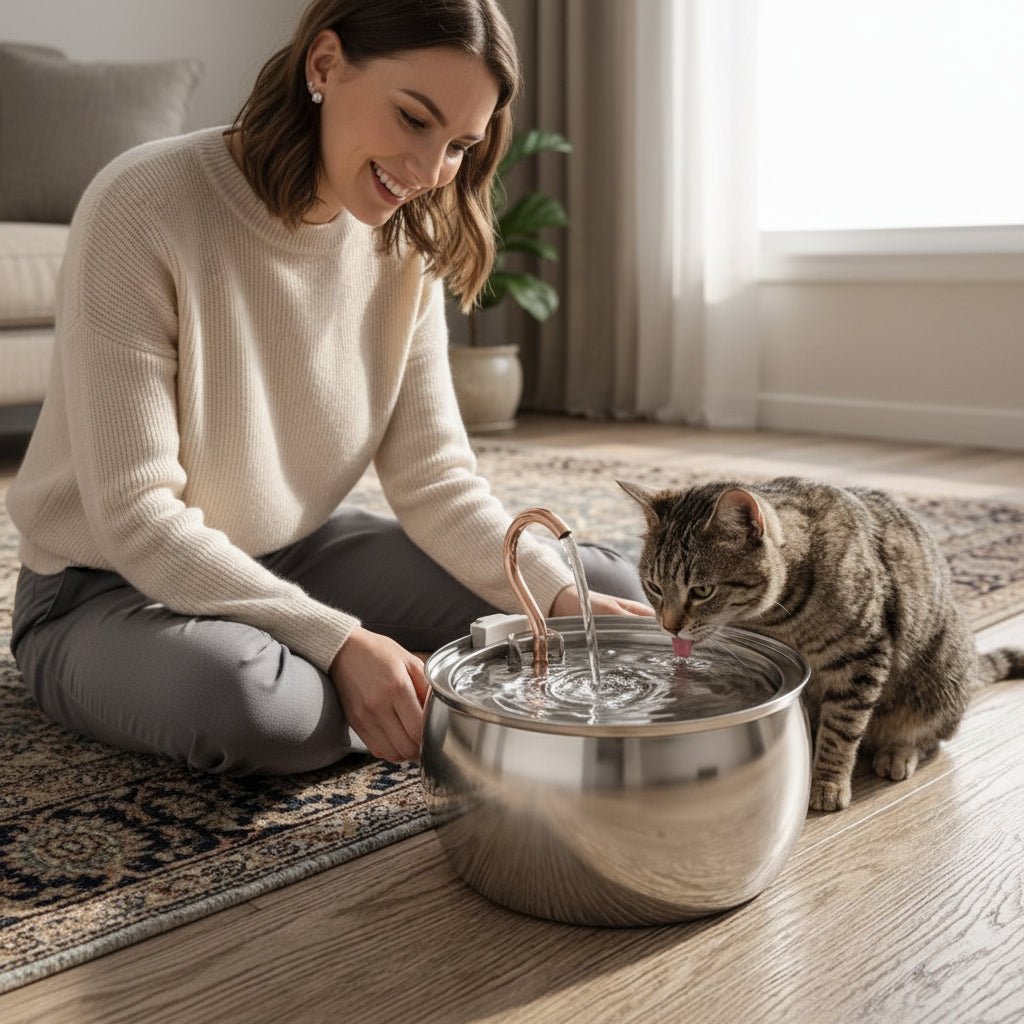 chat gris buvant dans Fontaine a eau chat inox 