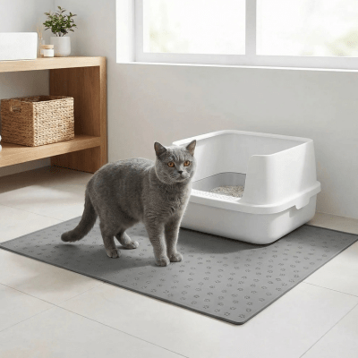chat gris debout sur le tapis pour litiere chat
