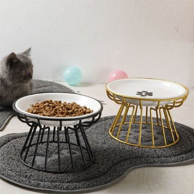 chat gris s’installe devant une gamelle chat surélevée