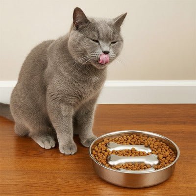 chat gris lèche sa moustache à côté d’une gamelle anti glouton style os