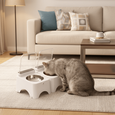 chat gris prend son repas dans la gamelle automatique chat