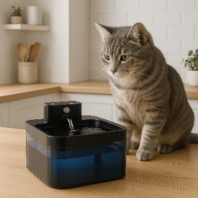 chat gris raye comptoir cuisine regarde fontaine eau chat