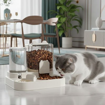 Chat gris s’alimentant grâce à un distributeur de croquettes chat