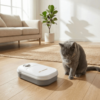 chat gris se lèche prés de la gamelle automatique chat
