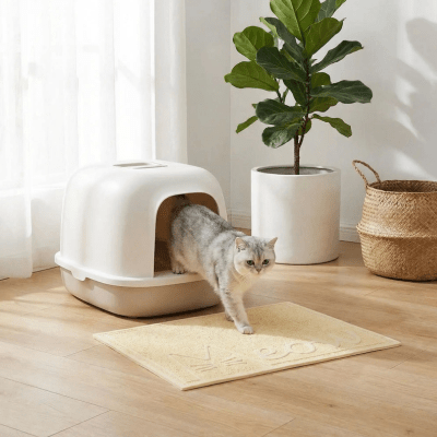 chat gris sortant sur le tapis litiere chat beige