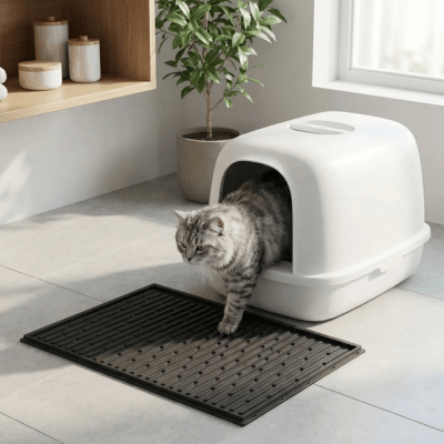 chat gris sortant du tapis pour chat