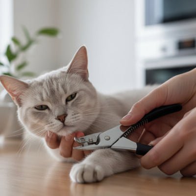 Chat gris tranquille pendant la coupe ongle chat
