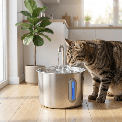 chat utilise la fontaine eau pour chat dans la cuisine