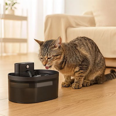 Chat s’hydratant grâce à une fontaine chat