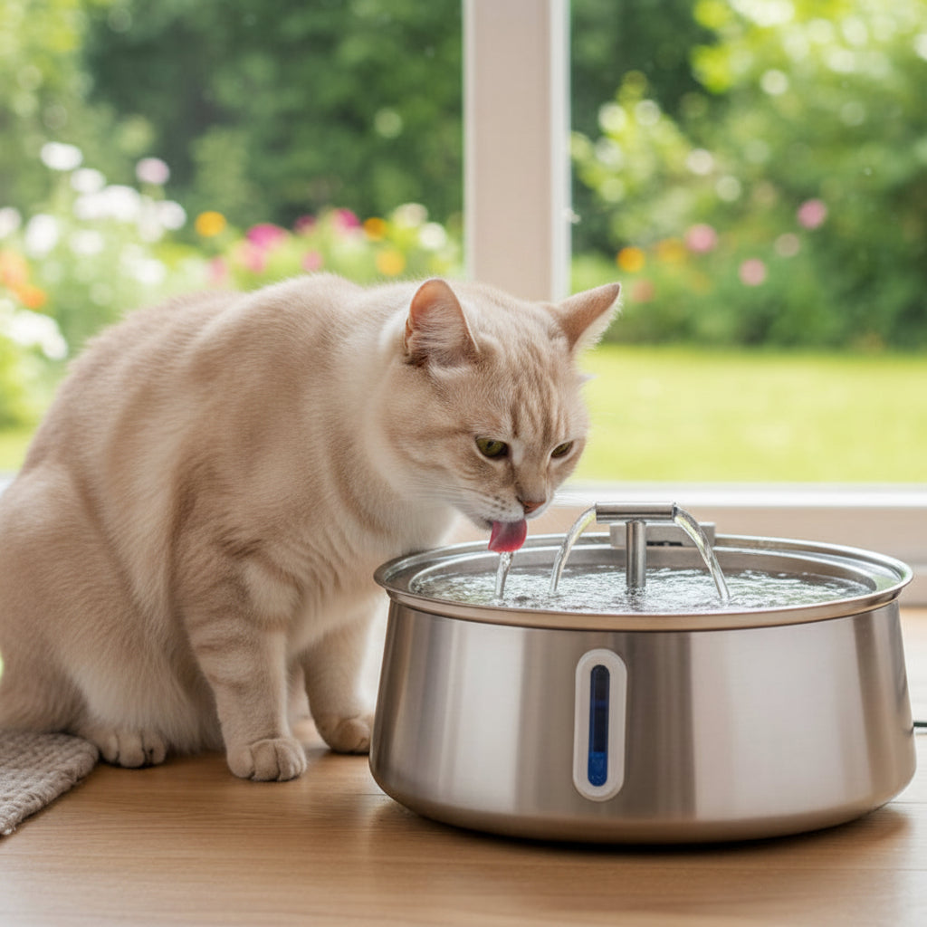 chat s'hydrate avec la fontaine a eau pour chat inox