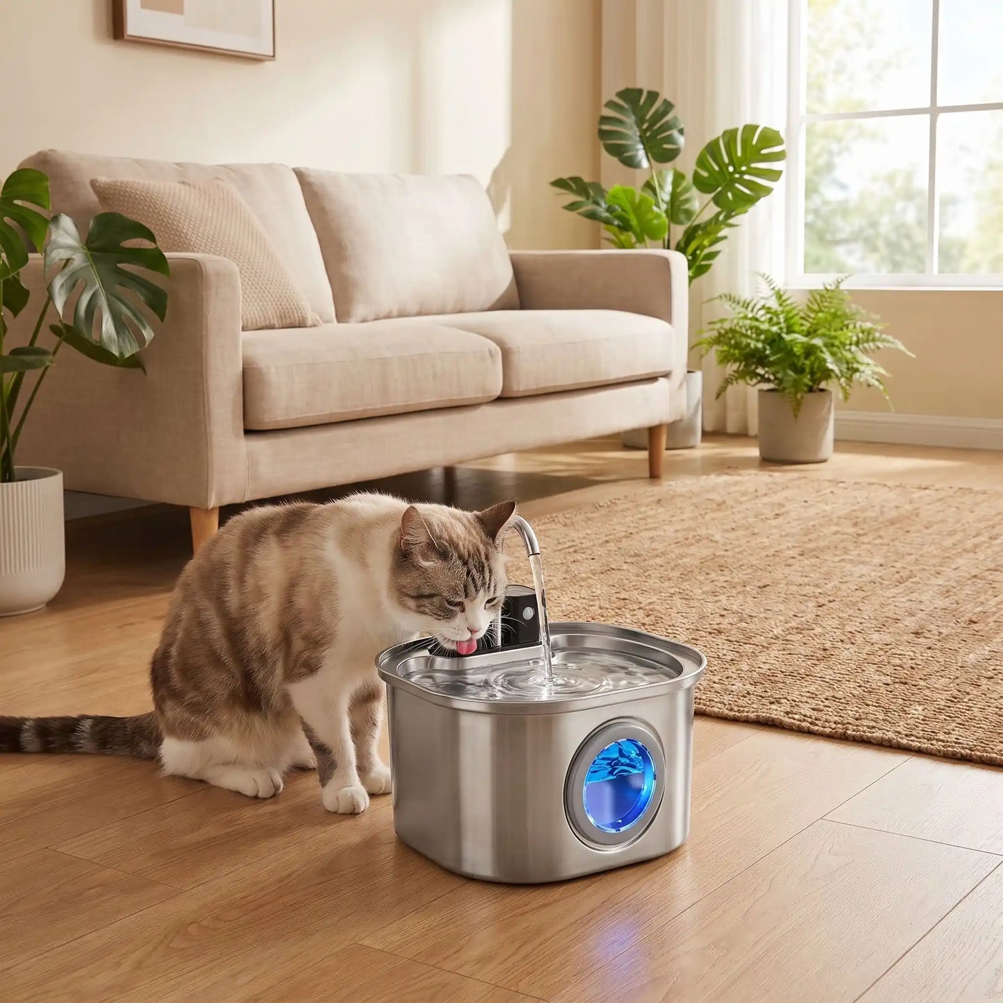 chat s'hydrate avec la fontaine à eau chat inox sans fil