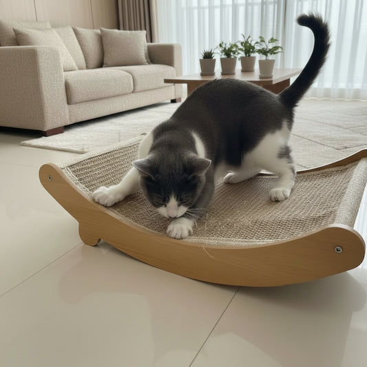 chat noir et blanc installé confortablement sur le Griffoir à chat