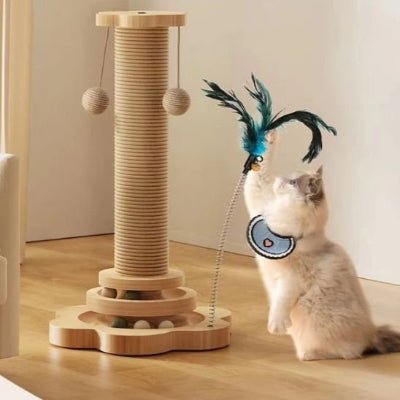 chat jouant avec la plume dans le griffoir à chat