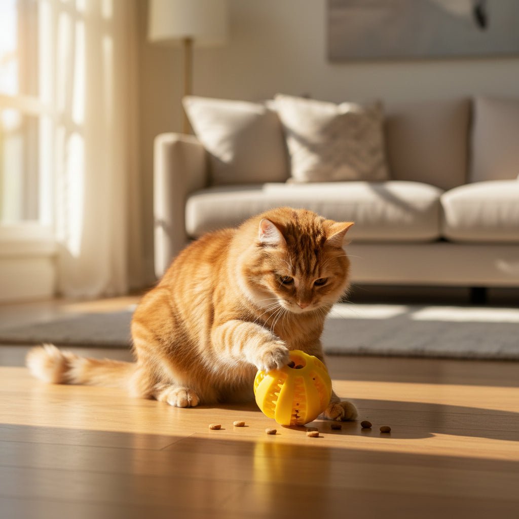 chat jouant avec jouet distributeur de croquettes pour chat jaune