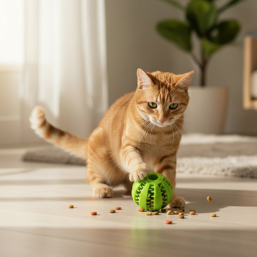 chat jouant avec jouet distributeur de croquettes pour chat vert