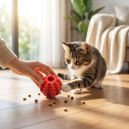 chat jouant avec jouet distributeur de croquettes pour chat 