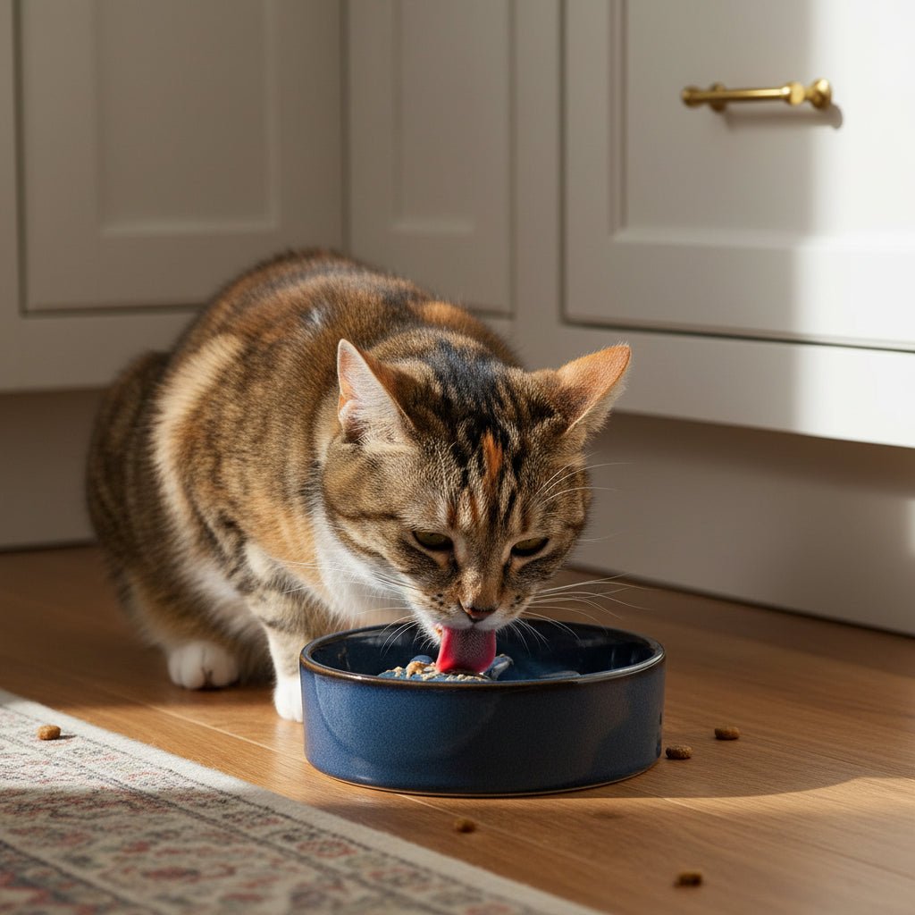 chat lèche le pâté dans la gamelle anti glouton pour chat