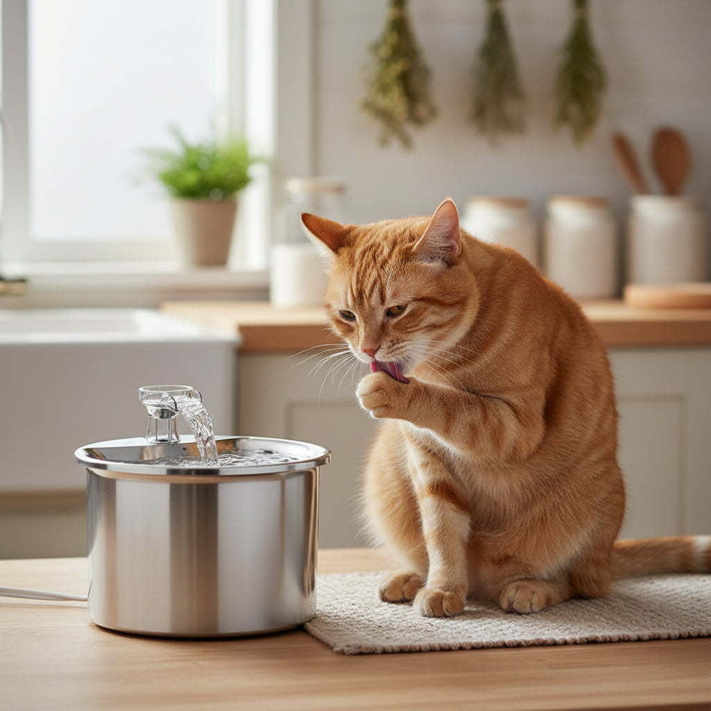 chat se léchant devant la fontaine a eau inox chat