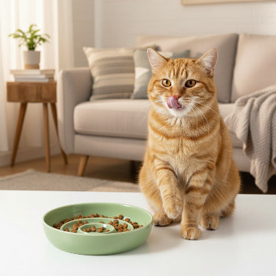 Chat léchant ses moustaches à côté d’une gamelle anti-glouton verte