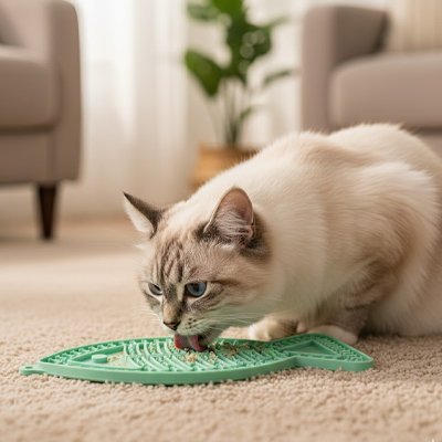 Chat léchant son  Tapis de lechage dans le salon