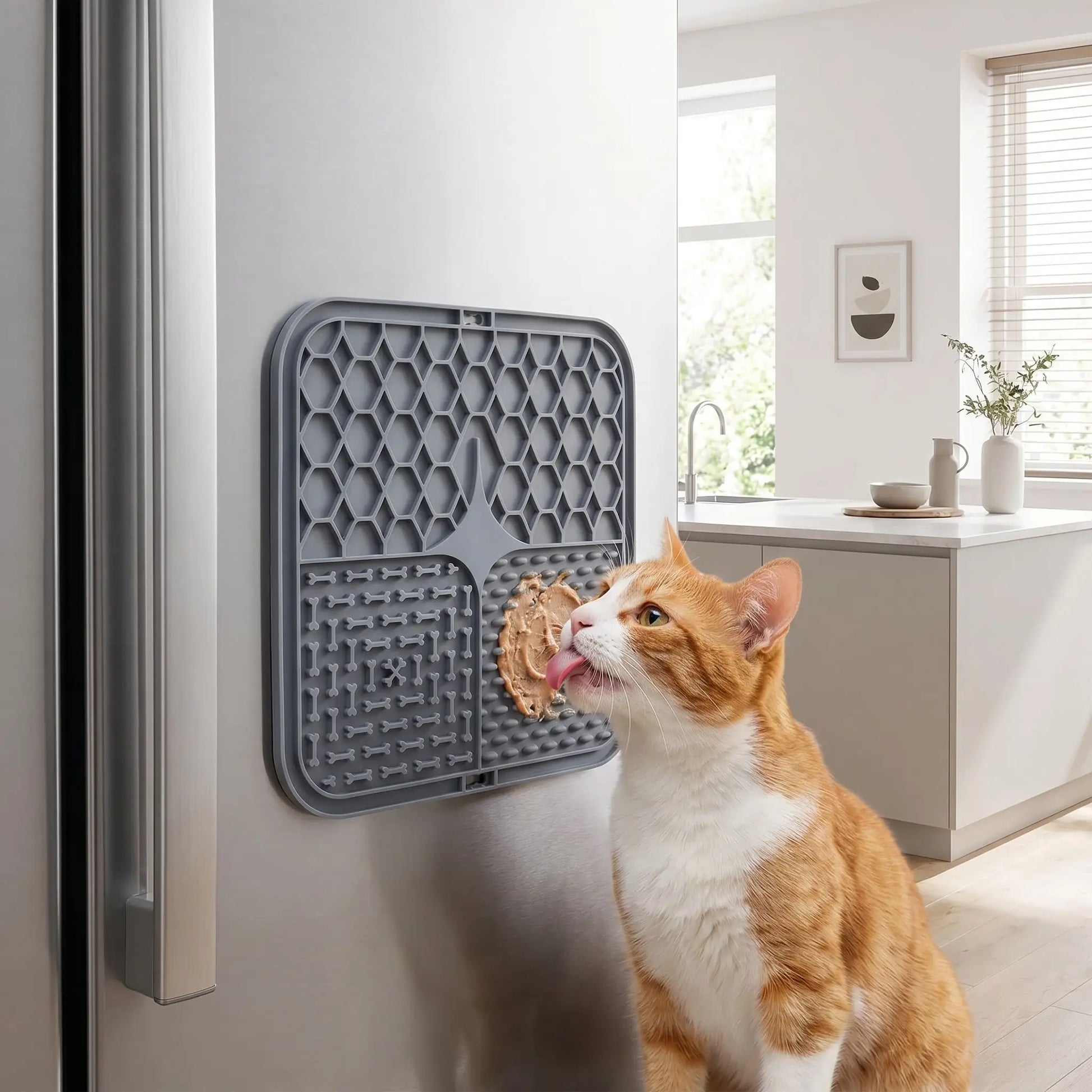 chat léchant sur le tapis anti glouton chat collé sur le frigidaire