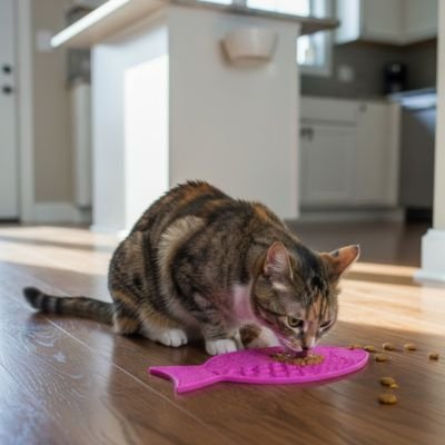 chat léchant le tapis de lechage chat rose