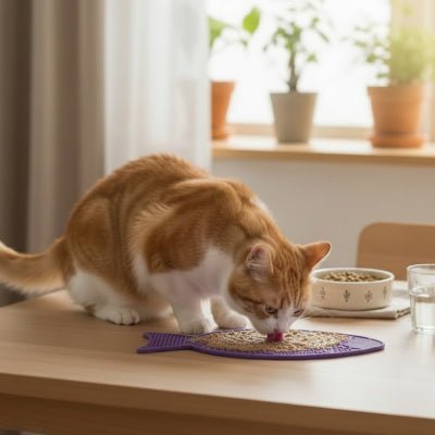 chat léchant le tapis de lechage chat violet