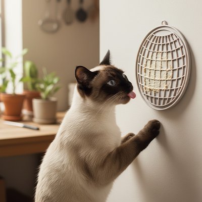 chat léchant le Tapis de lechage sur le mur