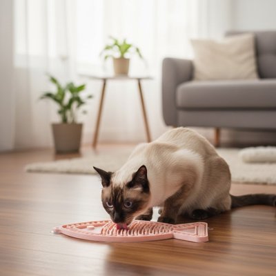 Chat léchant un tapis de lechage posé au sol