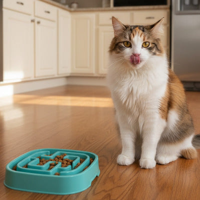 Chat léchant ses moustaches près d’une gamelle anti-glouton pour chat