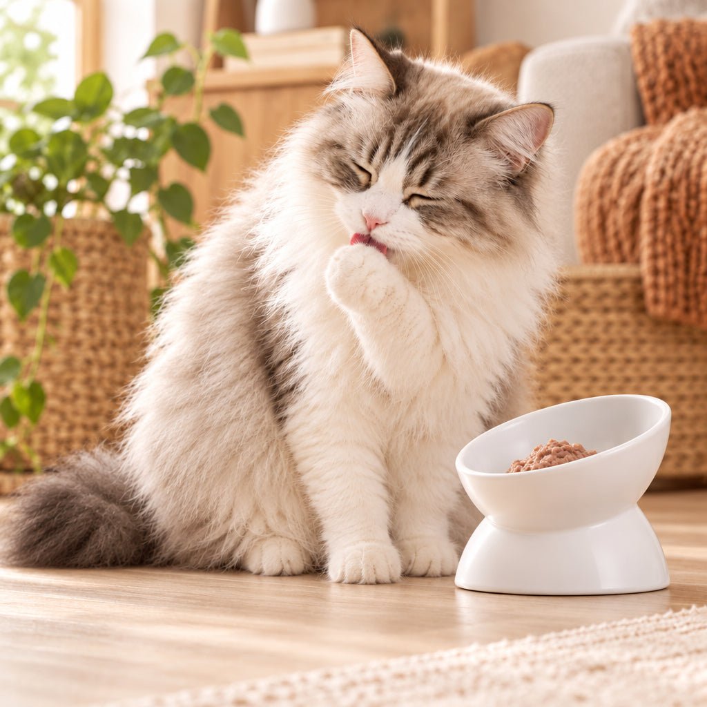 chat se lèche près du Gamelle chat céramique surélevée