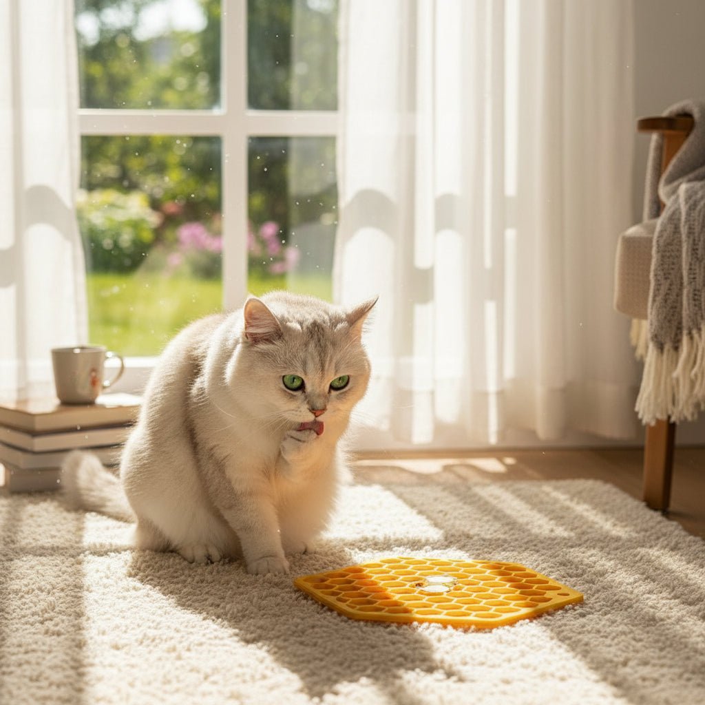 chat lèche sa patte prés du tapis anti-glouton chat 