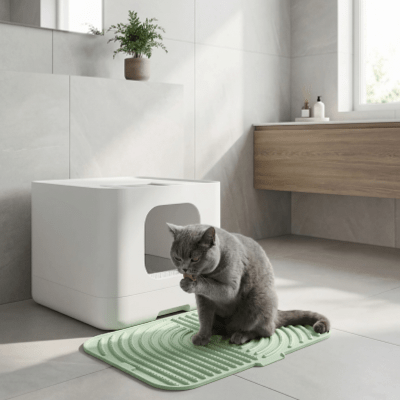 chat se lèche la patte sur le tapis litiere chat