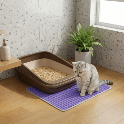 chat lèche sa patte sur tapis pour chat