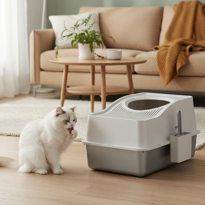 chat se léche près du bac a litiere chat fermé