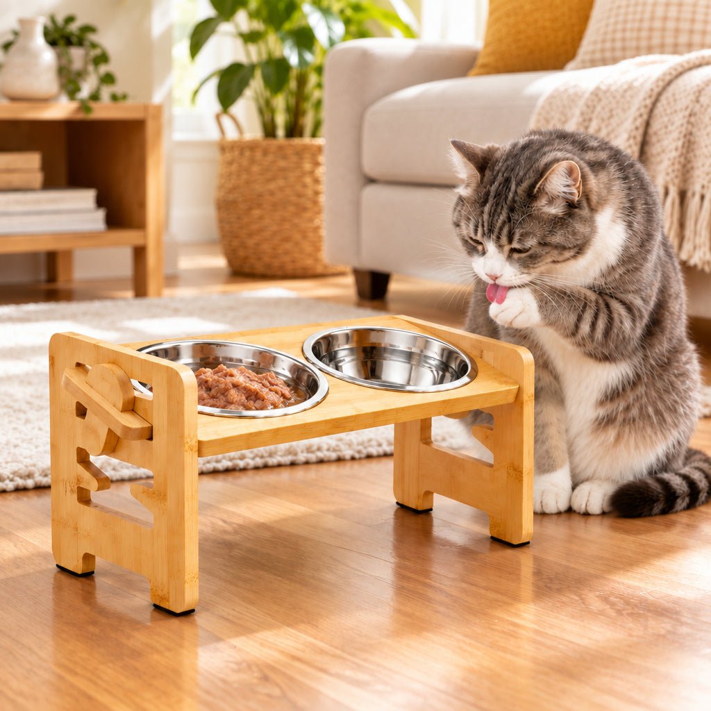 chat se lèche près de la gamelle chat reglable en hauteur