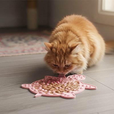 chat lèche le Tapis de lechage sur le sol